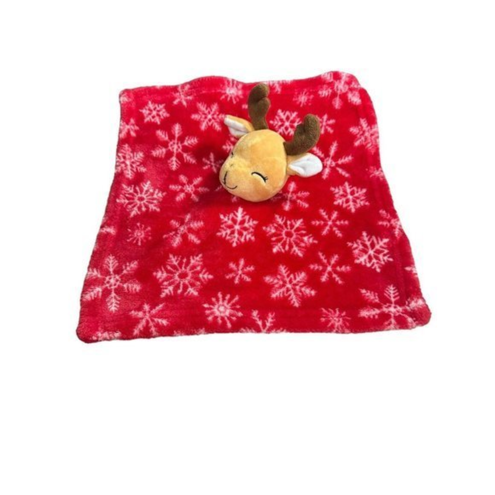 Reindeer Lovey Security Blanket Red Snowflakes Christmas HB 14 x 14" Minky